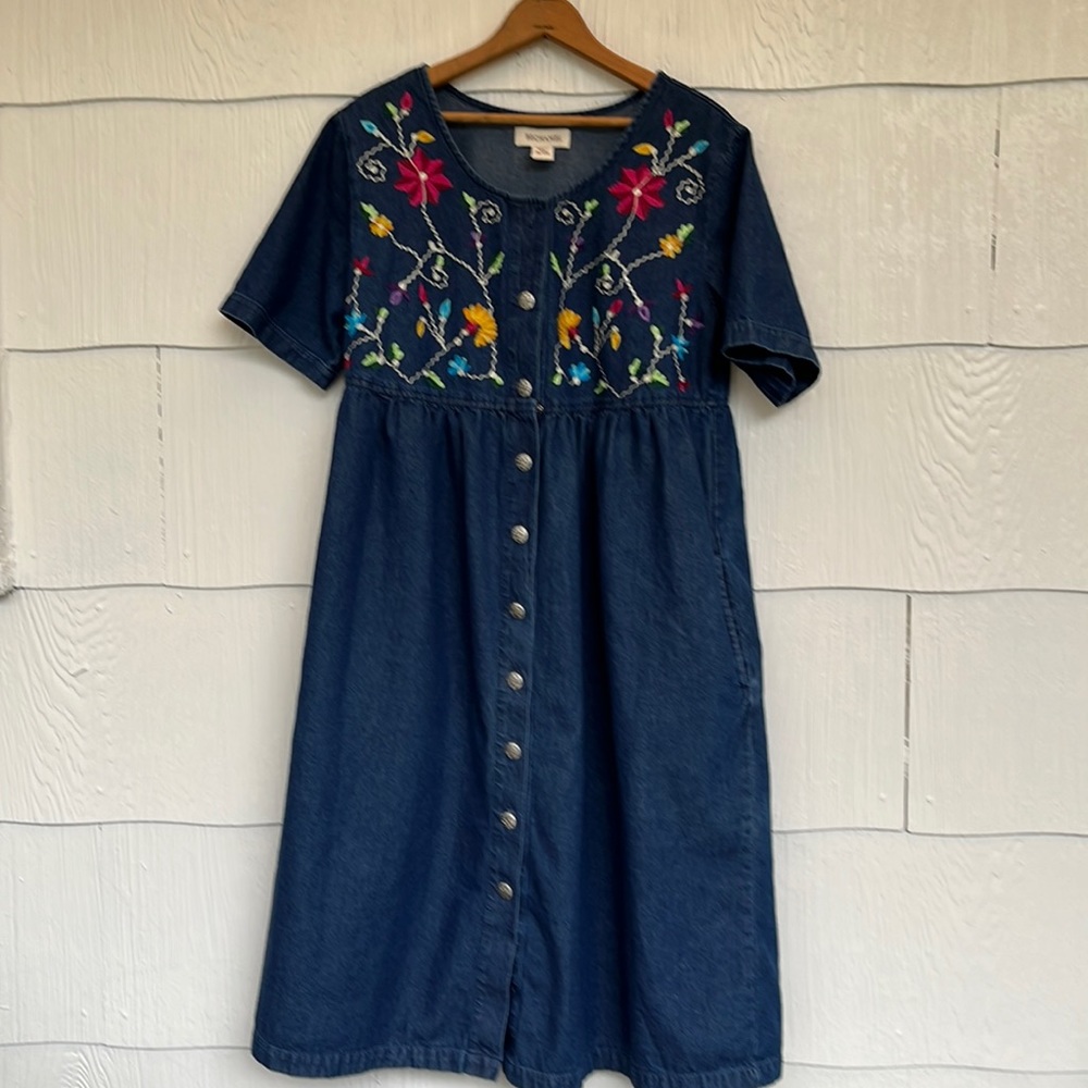 Vintage Cottagecore Denim Embroidered Dress - Size Medium M